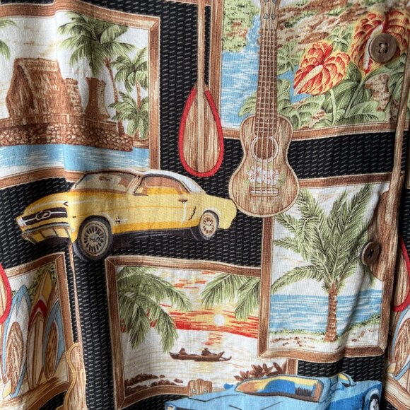 Vintage Novelty Hawaii Car Print Button Down Blouse Oversized Top Hawaiian Shirt - Picture 8 of 9